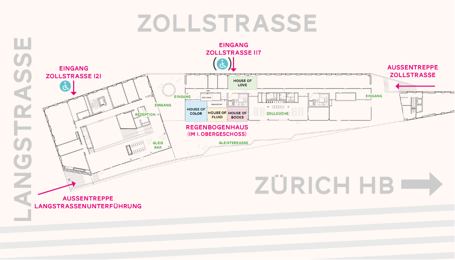 Grafik: Plan Zollhaus mit Eingängen, Aussentreppen, Lage Regenbogenhaus im Gebäude (1. OG)