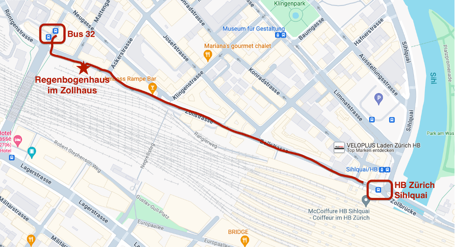 Bild Stadtplan: Weg vom Bus Nr. 32 zum Zollhaus, Weg vom HB Zürich, Ausgang Sihlquai, zum Zollhaus